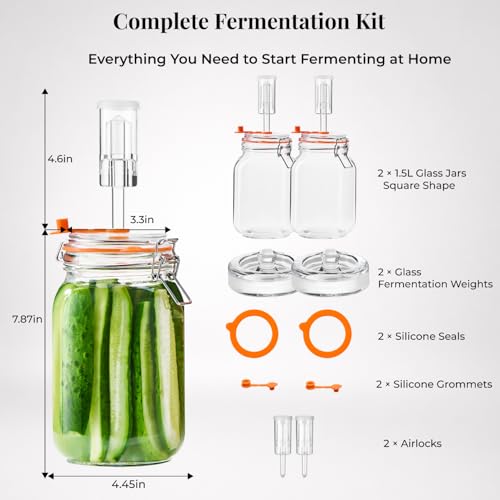 JILLMO Wide Mouth Glass Fermentation Jar with Airlock & Glass Weight, 1.5L Fermenting Jar for Sauerkraut, Kimchi, Pickles & More,Pack of 2 - size: 1.5 Liter