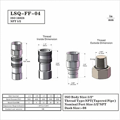 2-Sets 3/4" SAE-12 UNF1-1/16 Skid Steer Flat Face Hydraulic Quick Connect Coupling/Coupler, 1/2 Body W/Dust Cap - size: 2-Sets 3/4" SAE