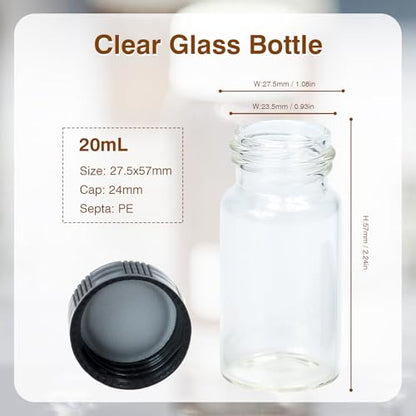 ALWSCI Sample Vial, Clear Glass 24-400 Thread Storage Vial, 20 ml Capacity, 27.5 mm I.D. x 57 mm with 24-400 Black Closed Cap, PE Liner, pack of 100 - color: Clear, size: 27*57mm & 20ml (5dram)