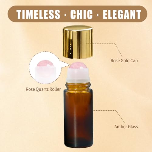 Rose Quartz Roller Bottles for Essential Oils, 50ml Refillable Amber Glass Roll On Bottles with Natural Crystal Roller Balls, Leak-Proof Travel Perfume Bottle with Gold Caps - color: Pink