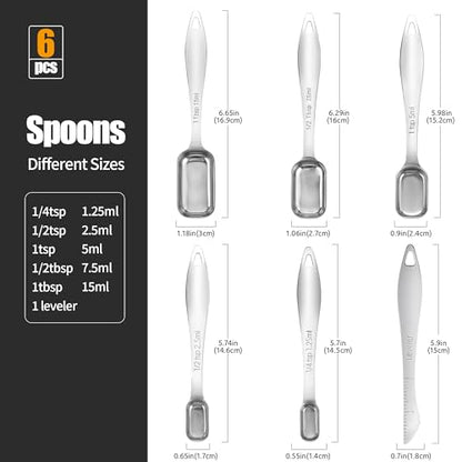 18/8 Stainless Steel Measuring Spoons: Doosu Heavy Duty Rectangular Spoon Square Teaspoon Tablespoon Scoop with Slim Long Handle in Narrow Spice Jar for Kitchen Baking Cooking (Set of 6 with Leveler) - size: Set of 6 with Leveler