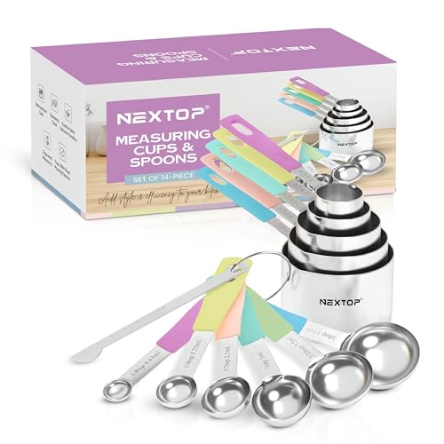 Nextop 14-Piece Stainless Steel Measuring Cups and Measuring Spoons Set with All Stackable Sizes and Leveler for Dry Ingredients, Complete Set for Kitchen & Baking Measuring Tools (Purple Set) - color: Purple Set