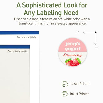 Avery Dissolvable Round Labels, Sure Feed Technology, 1" Diameter, Matte White, Print-to-The-Edge, Laser/Inkjet Printable, 1200 Labels Total - style: 1,200 labels