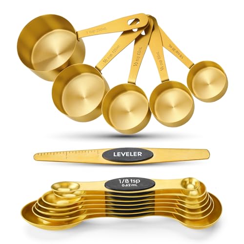Gold Measuring Cups and Spoons, Set of 13, Including 8 Dual Sided Magnetic Measuring Spoons set with Leveler, 5 Measuring Cups, Stainless Steel Kitchen Gadgets for Liquid & Dry Ingredients - size: Set of 13