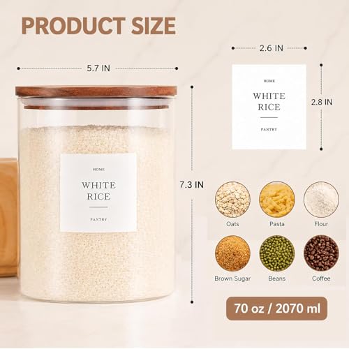 2 Pack Glass Rice Containers with Acacia Wood Lids, 70oz Airtight Flour and Sugar Jars with 105 Labels, Large Glass Pantry Storage Jars for Cereal, Protein Powder, Cookies, Dry Food - size: 70oz 2 Pack