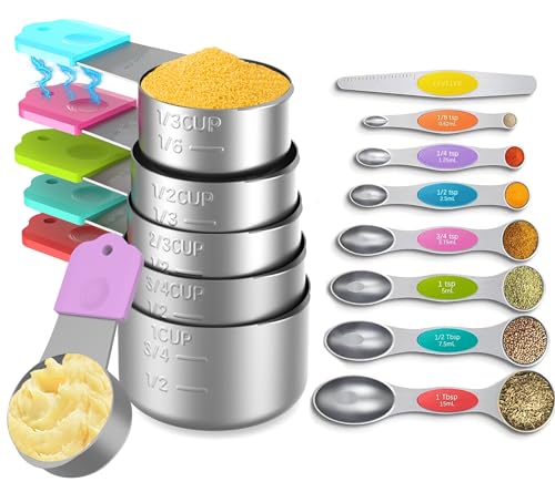 Magnetic Measuring Cups and Spoons Set, 6 Nesting Stainless Steel Measuring Cup Set with Easy to Read Markings, 7 Magnetic Measuring Spoons & 1 Leveler for Measuring Dry or Liquid Ingredients - style: B-Magnetic 14PCS