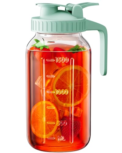 64 oz Glass Pitcher with Lid, Large Wide Mouth Mason Jar with Pour Spout, Green Sun Tea Glass Jar for Outside, Drink Pitcher Great for Drink, Cold Beverages and Breast Milk - color: Green, size: 64 Ounces