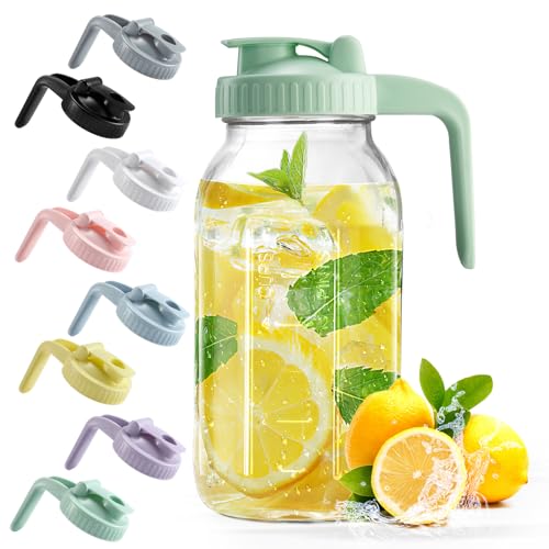 Mason Jar with Pour Spout Lid V-shaped, 2 Quart Iced Tea Pitcher Double Leak Proof, 64 oz Drink Pitcher for Breastmilk, Sun Tea, Juice, Coffee Creamer, Formula Pitcher - color: Green, size: 64 Ounces