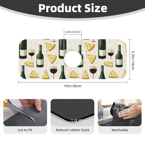 Red Wine Cheese Print Faucet Mat for Kitchen Sink, Absorbent Fast Drying Faucets Mat Splash Guard, Cute Kitchen Sink Mats for Around Faucet Draining