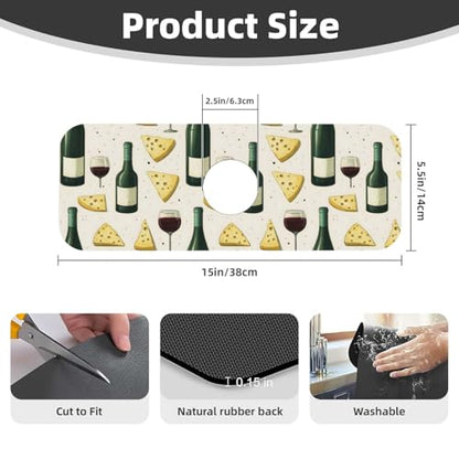 Red Wine Cheese Print Faucet Mat for Kitchen Sink, Absorbent Fast Drying Faucets Mat Splash Guard, Cute Kitchen Sink Mats for Around Faucet Draining