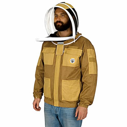 Bee Jacket Mesh Ventilation for Professional Beekeeper's Total Protection - Light Weight - YKK Zipper with Carring Bag 2 Veil Options (Fencing & Round) BP-401 (Brown - M) - color: Brown, size: M