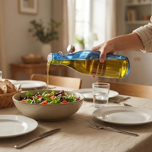 Fox Run Blue Flip Top Glass Bottle, 1 Liter Air Tight Bottle with Flip Top Lid, 12.5" x 3.4"