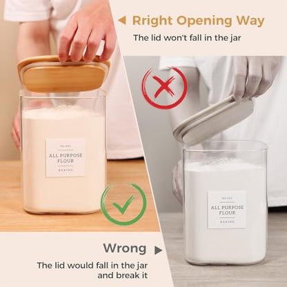 2 Pack Square Glass Flour and Sugar Containers with 132 Kitchen Pantry Labels - Thicken 120 FL OZ Large Glass Storage Jars with Airtight Bamboo Lid - Big Food Canisters for Cookies, Rice, Coffee - size: 120OZ