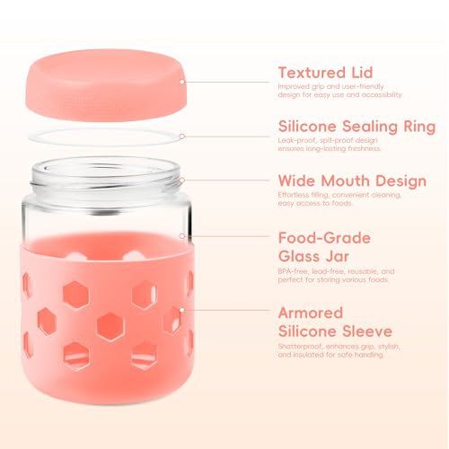 Gemice 6-Pack 16 oz Overnight Oats Containers with Lids and Silicone Sleeves, Glass Mason Jars with Airtight Lid, Dishwasher Safe, Wide Mouth Chia Seed Pudding Meal Prep Jar for Yogurt Berries Snack - color: Pink, size: 16oz, 6-Pack