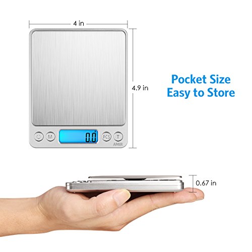 AMIR Digital Kitchen Scale, 3000g 0.01oz/ 0.1g Pocket Coffee Scale, Mini Food Scale, Pro Electronic Jewelry Scale with Back-Lit LCD Display, Tare & PCS Functions, Stainless Steel, Batteries Included - color: Sliver