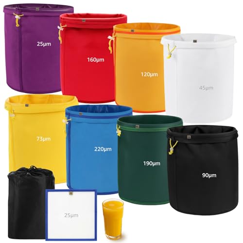 8PCS 5-Gallon Mesh Filter Bags, 25 to 220 Micron Fine Nylon Strainer Bag, Reusable Drawstring Washable Mesh Bags for 5 Gallon Bucket, with Pressing Screen & Storage Bag, for DIY Drink, Cold Brew