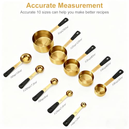 Bopei Measuring Cups and Spoons Set, Gold Electroplated Stainless Steel 10 Piece for Cooking and Baking (5 Cups + 5 Spoons Gold) - color: Gold