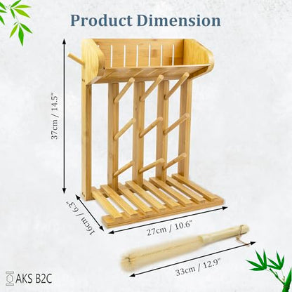 Bamboo Baby Bottle Drying Rack, Vertical Space Saving Kitchen Organizer, 9 Bottle Capacity, Countertop Storage Holder and Bottle Dryer with Draining Base (Comes with a Free Cleaning Brush)