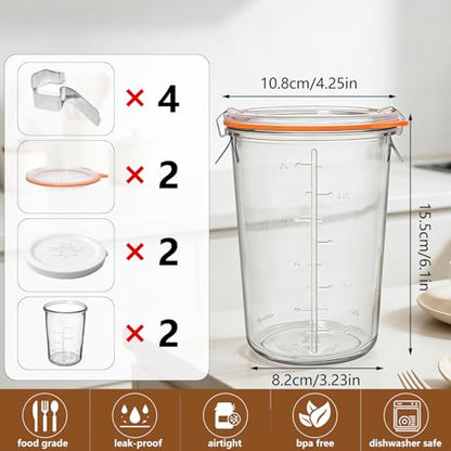 2 Pack Sourdough Starter Jar,27oz Glass Storage Containers with Glass Lids &Plastic Lids,Airtight Wide Mouth Jars for Pickling,Overnight Oats,Salad