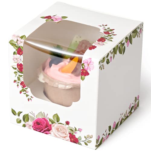 Happyhiram Individual Cupcake Boxes Roses Floral 50 Pcs, Mother's Day Flower Gift Boxes with Window for Mothers Day Packaging Treat Togo - color: Floral Roses, size: 50-Count