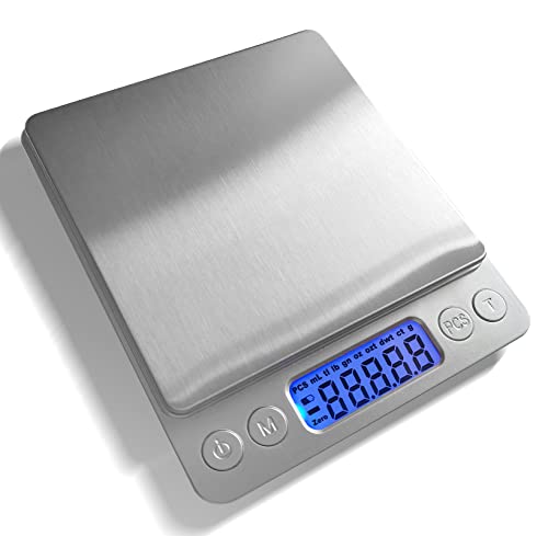Food Scale Digital Weight Grams and Ounces, 0.001oz/0.01g 500g Kitchen Scale for Food with Backlight LCD Display, Tare, 9 Units, Auto Off, 2 Trays, Batteries Included - Stainless Steel - size: 500g/0.01g