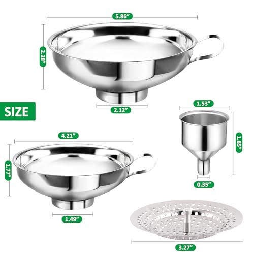 Canning Funnel with Strainer, Food Grade Funnel for Kitchen Use, Metal Large & Small Wide Mouth Funnels for Mason Jars, Stainless Steel & Dishwasher Safe