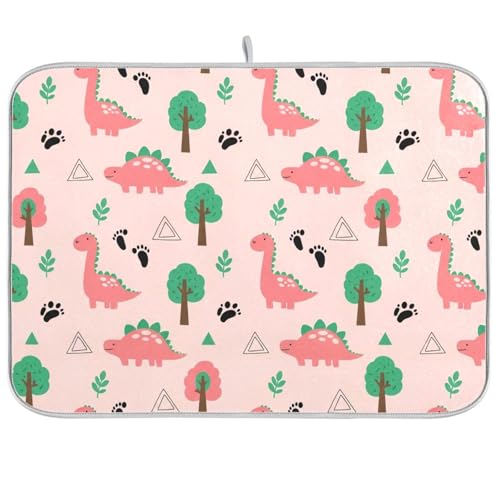 Dinosaur Tree Pink Dish Drying Mat for Kitchen Counter Super Absorbent Draining Mat with Non-slip Backed Sink Mats for Draining Racks Countertops Sinks Dish Bottles Cups Bowl