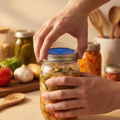 10-Pack fermentation lids - 5 Silicone fermenting lids & 5 Steel Rings, Fits 86mm wide mouth mason jars for for Sauerkraut, Sourdough, Pickles