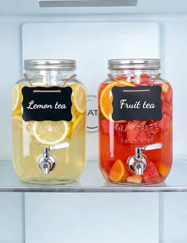 Glass Drink Dispenser for Parties, 1 Gallon Beverage Dispenser with Stand & Stainless Steel Spigot, 2 Pack Lemonade Dispenser with Fruit Filter & stirring spoon, Juice Pitcher for BBQ Picnic Party