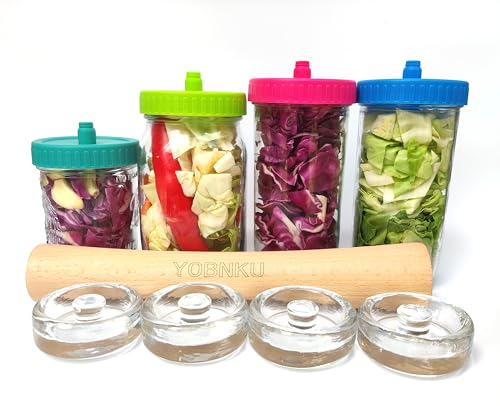 Complete Mason Jar Fermentation Kit with Pounder, 4 Glass Weight and 4 Fermenter lids Sauerkraut Caps Fermenting Food Tool for Wide Mouth Mason Jars-Jars Not Included (Have pounder) - size: With Pounder