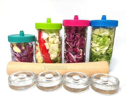 Complete Mason Jar Fermentation Kit with Pounder, 4 Glass Weight and 4 Fermenter lids Sauerkraut Caps Fermenting Food Tool for Wide Mouth Mason Jars-Jars Not Included (Have pounder) - size: With Pounder