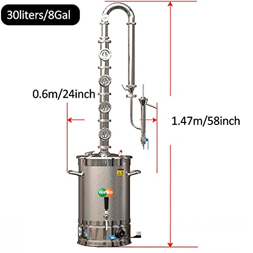 YUEWO 110V Electric 304 Stainless Steel Alcohol Distiller Flute Reflux Column Still with Sight Glasses Wine Making Kit for DIY Whisky Wine Brandy Gin - size: 30Liters/8Gal