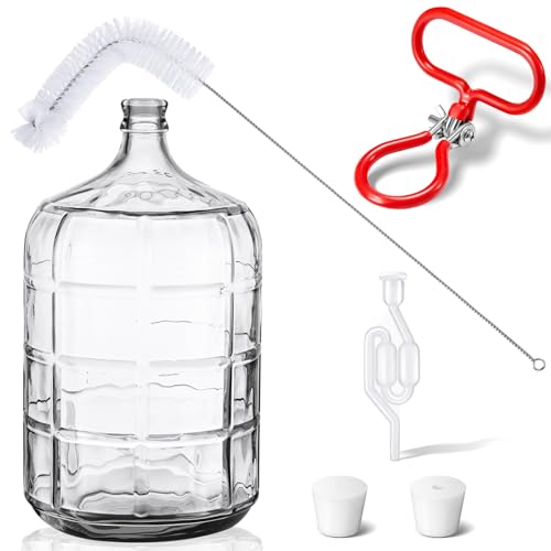 Suzile 5 Gallon Glass Carboy Set, 5 Gallon Glass Water Jug with Drilled & Undrilled Rubber Stoppers, Bubble Airlock, Handle and Brush, Fermenter Carboy Jug for Beer Wine Making Equipment (Clear) - size: 5 Gallon