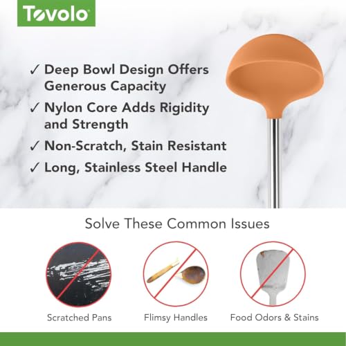 Tovolo Silicone Ladle With Stainless Steel Handle Deep Soup Ladle for Cooking Canning Serving Soup Punch Stew Sauce, Large Kitchen Utensil Spoon Dishwasher Safe BPA Free Silicone Apricot Orange - color: Apricot