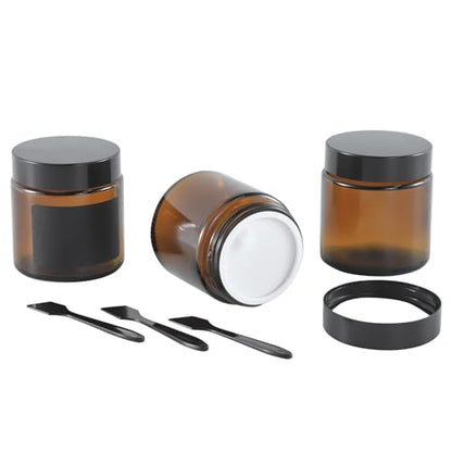 3 Pack 4 oz Amber Small Glass Jars with Airtight Lids, Lotion Containers, Cosmetic Containers, Little Travel Jars for Creams with Black Mini Spoon & Black Labels Included - color: Amber, size: 3