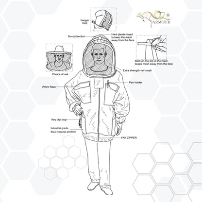 Beekeeping Ventilated Jacket 3 Layers Mesh for Beekeepers, Bee Suit Jacket with 2 Hoods Fencing & Round Brim Hat (Large) - size: Large