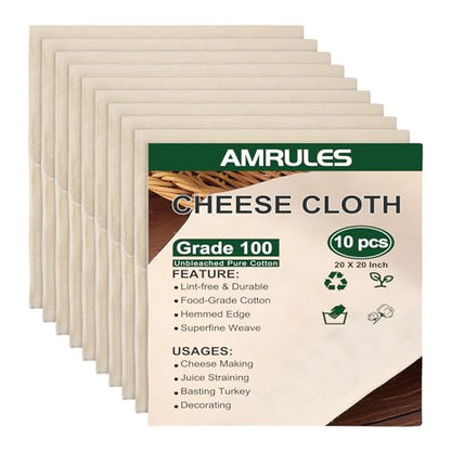 Amrules Cheese Cloths for Straining, 10PCS 20x20 Inch Grade 100 Cheese Cloth, Reusable Washable Unbleached Pure Cotton Cheesecloth for Cooking and Cheese Making with Hemmed Edge - size: 20x20 Inch - 10 PC