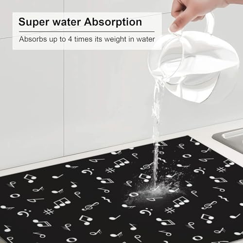 Music Note Dish Drying Mat Black and White Musical Lover Drying Rack Pad Countertop Dishes Ultra Absorbent Microfiber Kitchen Counter Mat 18x24 Inch - color: Black