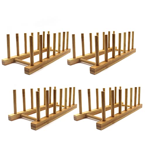 Bamboo Wooden Plate Racks Dish display Holder Kitchen Storage, Pack of 4 | Cabinet Organizer for Dish / Plate / Bowl / Cup / Pot Lid / Cutting Board/ Book (vertical) - size: Pack of 4
