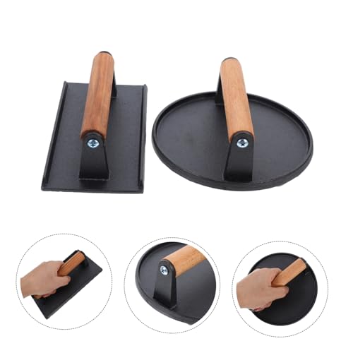BESPORTBLE 2pcs Cast Iron Meat Press Burger Weight Press for Grill BBQ Design with Wooden Handle for Steak Sandwich Making