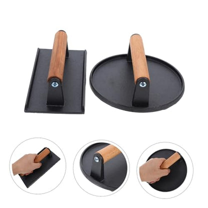 BESPORTBLE 2pcs Cast Iron Meat Press Burger Weight Press for Grill BBQ Design with Wooden Handle for Steak Sandwich Making