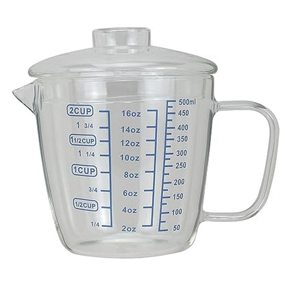 EIKS Glass Measuring Cup with Lid, Easy Grip Handle and V-Shaped Spout, Three Measurement Scale(OZ, Cup, ML), Coffee Milk Frothing Pitcher Latte Maker in Kitchen Restaurant (500ML)