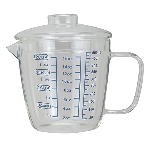 EIKS Glass Measuring Cup with Lid, Easy Grip Handle and V-Shaped Spout, Three Measurement Scale(OZ, Cup, ML), Coffee Milk Frothing Pitcher Latte Maker in Kitchen Restaurant (500ML)