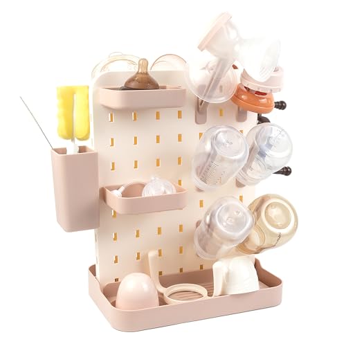 Baby Bottle Drying Rack Space Saving Countertop Vertical Rack with Brushes Holder (Pink) - color: Pink