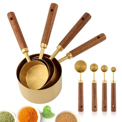 8Pcs Gold Measuring Cups and Spoons Set, Golden Stainless Steel Measuring Cups with Wooden Handle and 4 Measuring Spoons Set for Kitchen Baking Cooking