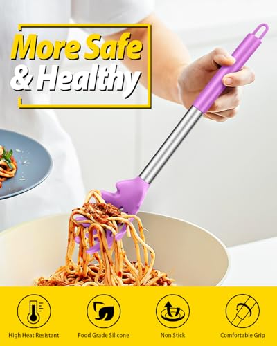 Silicone Pasta Fork and Ladle Spoon Set, Large Non Stick Kitchen Utensils for Cooking,Stirring,Serving Spaghetti, Soup, Sauce (PURPLE) - color: Purple