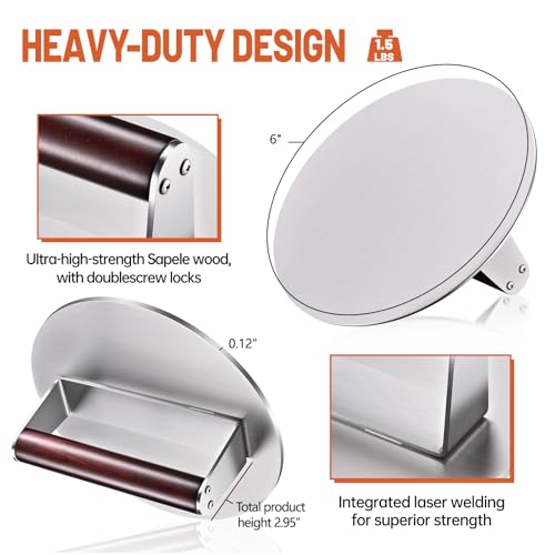 Heavy-Duty 6-Inch Smash Burger Press, 1.5 lb Stainless Steel Grill Press with Wood Handle, Non-Stick Burger Smasher for Hamburger, Bacon & BBQ - color: 6 inches - Silver
