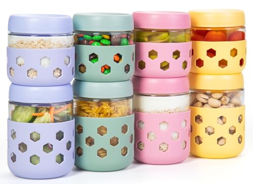 Gemice 8-Pack 16oz & 10oz Overnight Oats Containers with Lids & Silicone Sleeves, Glass Mason Jars with Airtight Lid, Wide Mouth Chia Seed Pudding Meal Prep Jar for Yogurt Berries Snack - color: Pastel Cream, size: 16oz&10oz, 8-Pack