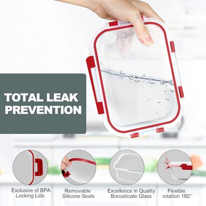 VERONES 10Pack Glass Meal Prep Containers, Airtight Glass Lunch Containers,Stackable Glass Food Storage Containers Set with Lids,Exclusive of BPA, for Microwave,Oven, Freezer&Dishwasher Friendly,Red - color: Red