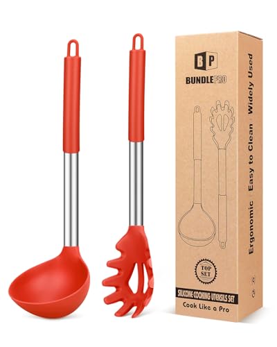Silicone Pasta Fork and Ladle Spoon Set, Large Non Stick Kitchen Utensils for Cooking,Stirring,Serving Spaghetti, Soup, Sauce (RED) - color: Red